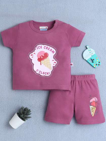 BUMZEE Girls
                          Printed Short Sleeves Pure Cotton T-shirt With
                          Shorts