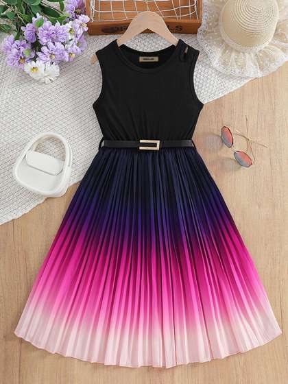 INCLUD Girls Ombre
                    Colourblocked Sleeveless Pleated Fit & Flare
                    Midi Dress