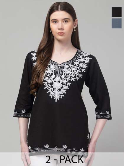 Aura Glam Women Pack Of 2 Floral Embroidered Kurtis