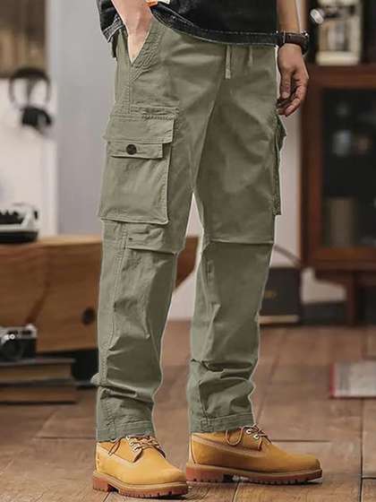 VOGAAN Men Solid
                          Relaxed Straight Fit Mid-Rise Regular Cotton
                          Cargos Trousers