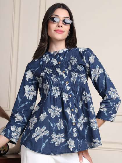 Moda Rapido Women
                        Floral Printed Mandarin Collar Pleated Detail
                        Organic Cotton A-Line Top