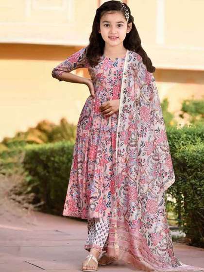 Vetrokart Girls Floral
                    Printed Raw Silk Round Neck Anarkali Kurta With
                    Trousers & Dupatta