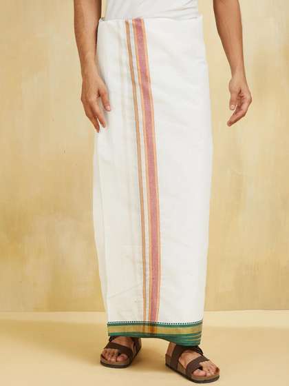 Fabindia Men Solid
                        Dhoti with Golden Zari Border