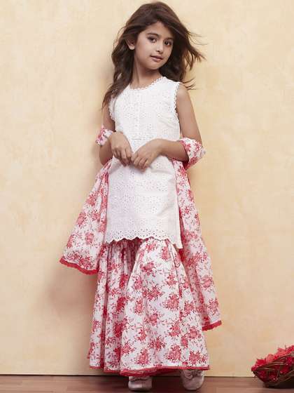 Biba Girls Floral
                    Embroidered Regular Pure Cotton Kurta with Sharara
                    & With Dupatta