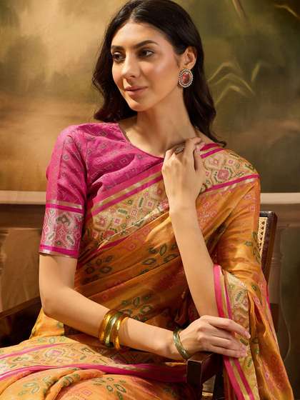 Sangria Floral Woven
                        Design Patola Saree With Blouse Piece