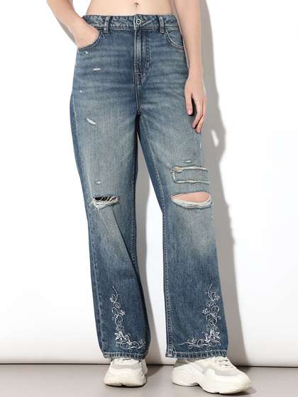 ONLY Women Straight
                        Fit Mid-Rise Highly Distressed Heavy Fade Cotton
                        Embroidered Jeans