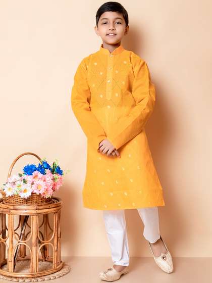 AHLAN APPARELS Boys
                    Ethnic Motifs Embroidered Pure Cotton Kurta with
                    Pyjamas Kurta Sets
