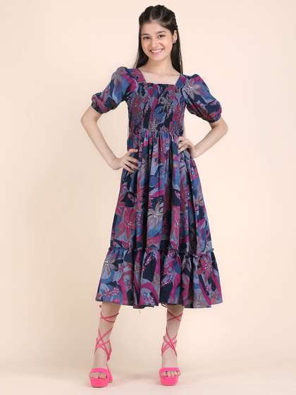 STARWORD Girls Floral
                    Printed Puff Sleeve Cotton Fit & Flare Midi
                    Dress