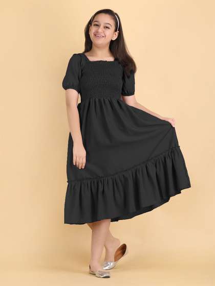 STARWORD Girls Puff
                      Sleeve Cotton Fit & Flare Midi Dress