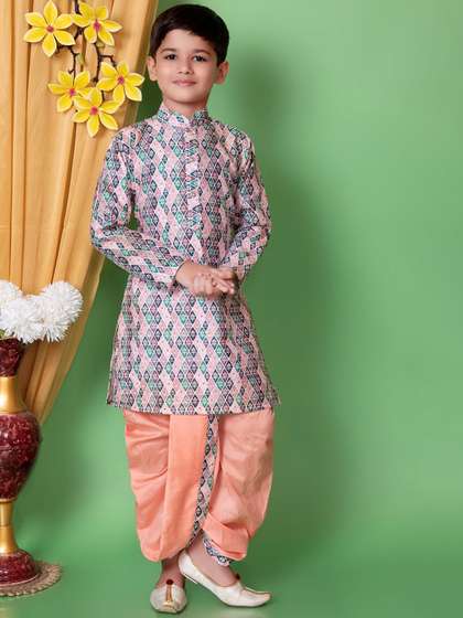 AHLAN APPARELS Boys
                    Ethnic Motifs Printed Sequinned Dupion Silk Kurta
                    with Dhoti Pants