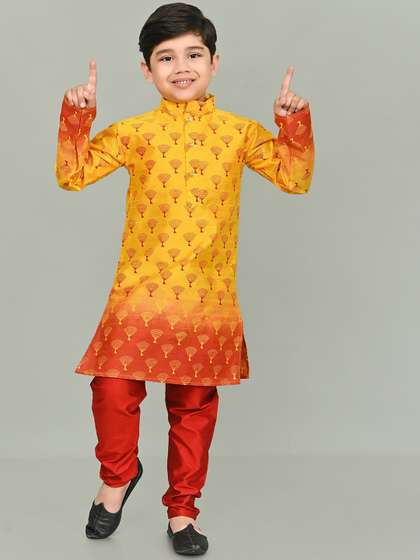 AHLAN APPARELS Boys
                    Ethnic Motifs Printed Mandarin Collar Dupion Silk
                    Kurta with Pyjamas