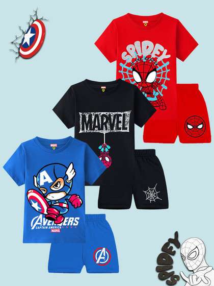 YK Marvel Boys Pack Of 3
                    Printed Round Neck T-Shirts With Shorts
