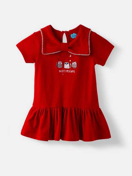 Nauti Nati Girls Cotton
                    Pique Graphic Printed Dress With Bow Collar