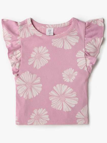 GAP Girls Pure Cotton
                    Floral Print Flutter Sleeve Ribbed Top