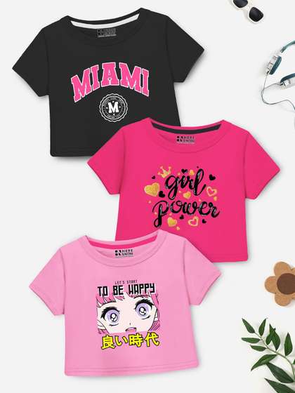 HERE&NOW Girls Pack
                    of 3 Graphic Printed Crop Top