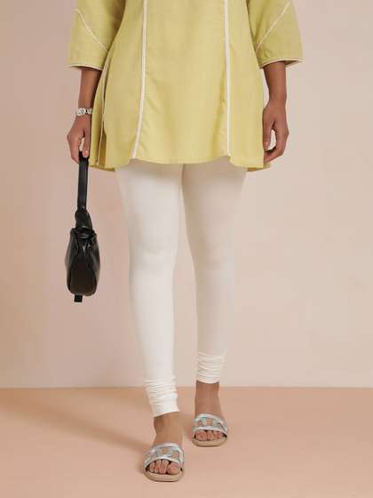 TWIN BIRDS Women
                        Cream-Coloured Solid Churidar-Length Leggings