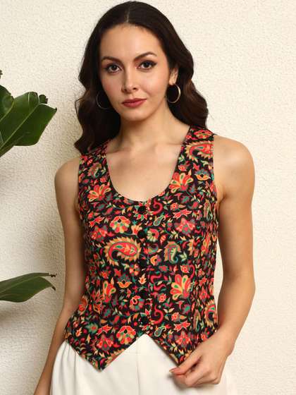 TANDUL Women
                          Printed V-Neck Woven Waistcoat