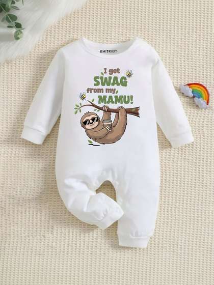 KNITROOT Infants White
                    Printed Mamu Theme Cotton Romper