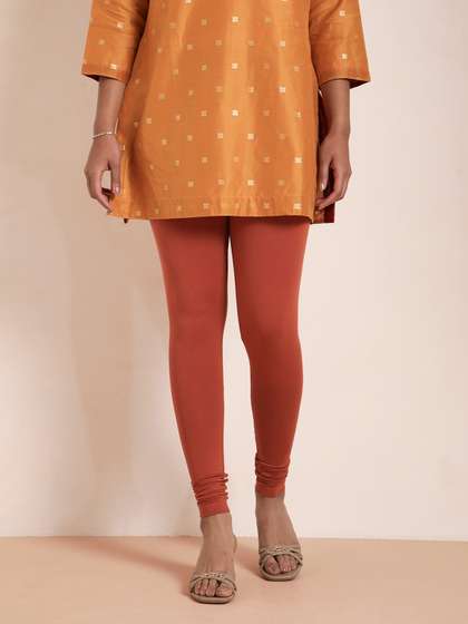 TWIN BIRDS Women
                        Coral Orange Solid Churidar-Length Leggings