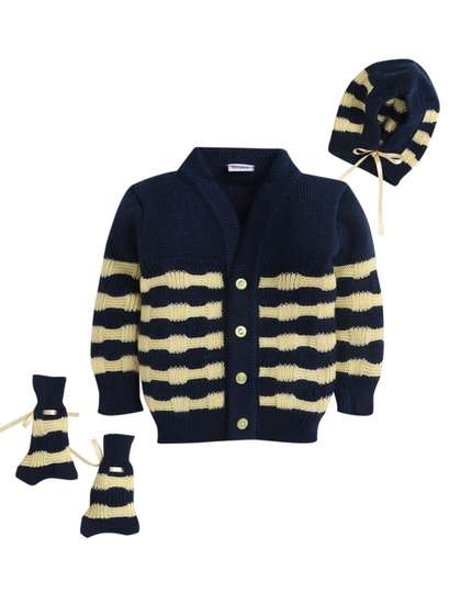 Little Angels Baby
                      Woollen V-Neck Full Sleeves Cardigan Sweater with
                      Cap & Socks Set