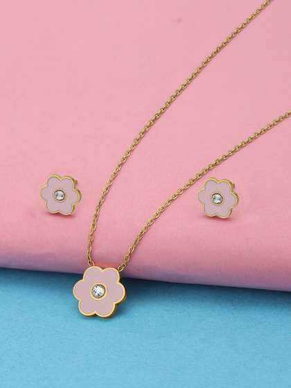 Carlton London Girls 18K
                    Gold Plated Enamel CZ Floral Necklace and Earring
                    Set