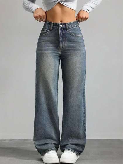 VBEAUTI Women Jean
                        Wide Leg High-Rise Heavy Fade Stretchable Jeans