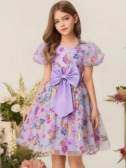 Sangria Girls Floral
                    Print Flutter Sleeve Fit & Flare Dress