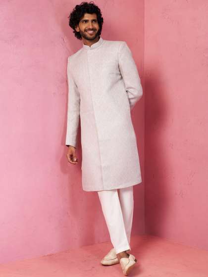 VASTRAMAY Men Ethnic
                      Motifs Woven Design Mandarin Collar Sherwani Set
                      with Pyjama