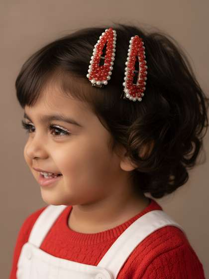 Choko - Set of 2 - Red -
                    Beaded & Pearl - Hair Clip Set
