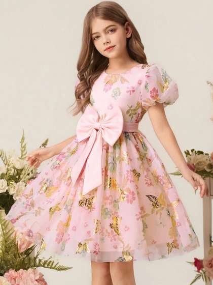 Sangria Girls Floral
                    Print Flutter Sleeve Fit & Flare Dress
