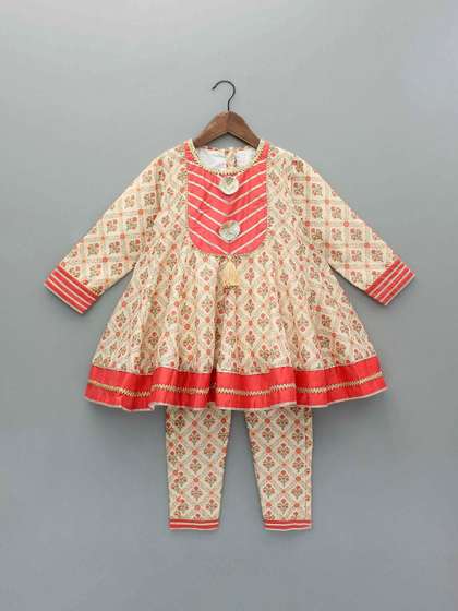 YK Girls Ethnic Motifs
                    Printed Panelled Gotta Patti Kurta with Trousers