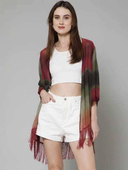 PURYS Women
                        Colourblocked V-Neck Longline Shrug With
                        Tasselled Border