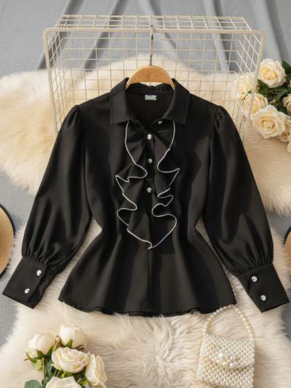 Cutiekins Girls Ruffles
                    Shirt Collar Cuffed Sleeves Shirt Style Top