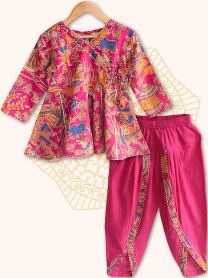 Peekaaboo Kids Girls
                    Ethnic Motifs Printed Angrakha Pure Cotton Kurti
                    with Dhoti Pants