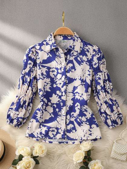 Cutiekins Girls Floral
                    Printed Puff Sleeves Georgette Shirt Style Top