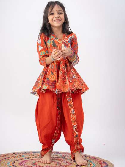 Peekaaboo Kids Girls
                      Ethnic Motifs Printed Angrakha Gotta Patti Pure
                      Cotton Kurta with Dhoti Pants