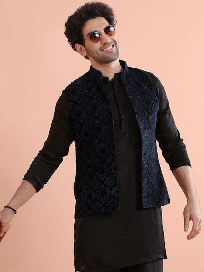 KISAH Textured Men
                        Geometric Embroidered Sequinned Nehru Jacket