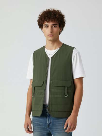 glitchez Collarless
                        Gilet Jacket with Taping Detail