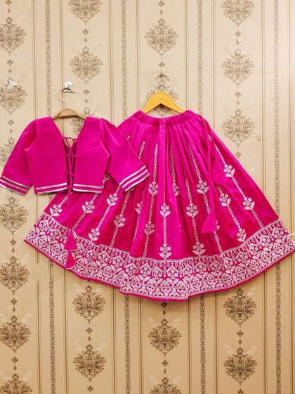 Sangria Girls Heavy
                        Embroidered V-Neck Flared Lehenga With Choli