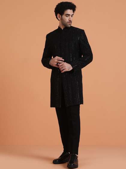 KISAH Men Black Silk
                        Blend Sequin Embroidered Sherwani