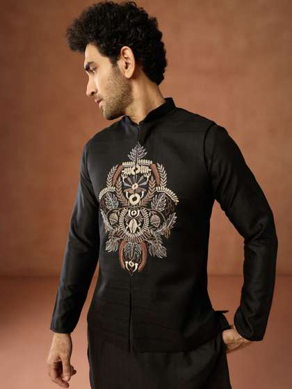 KISAH Men Black
                        Embroidered Bandhgala Woven Nehru Jackets