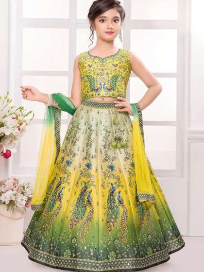 KL9KIDS Girls Printed
                    Mirror Work Semi-Stitched Lehenga & Blouse With
                    Dupatta