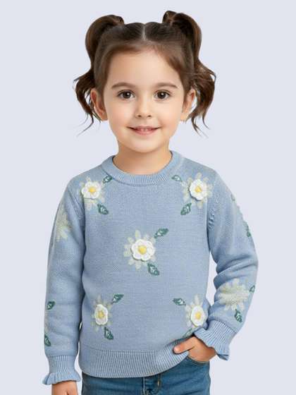 Yellow Apple Girls Round
                    Neck Long Sleeves Floral Cardigans
