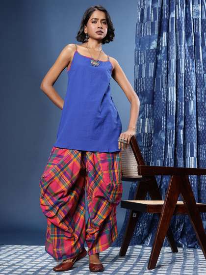 Taavi Woven legacy
                        Pure Cotton Shoulder Straps A-Line Kurti With
                        Checked Salwar