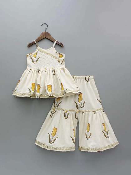 YK Girls Floral Printed
                    Tiered Gotta Patti Top with Sharara