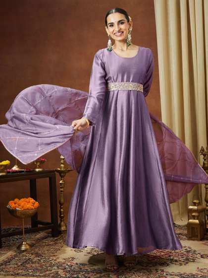 Janasya Round Neck
                      Gown Ethnic Dresses With Dupatta