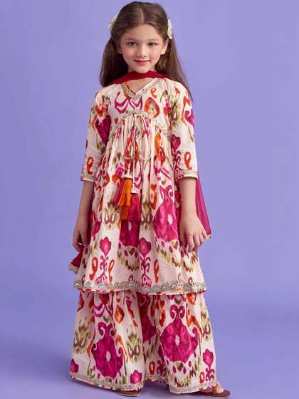 YK Girls Printed Tiered
                    Gotta Patti Kurta with Sharara & With Dupatta
