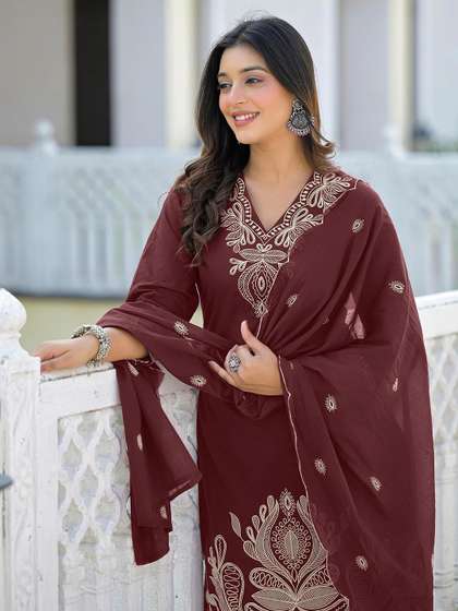 SANISA Women Ethnic
                        Motifs Embroidered Regular Thread Work Kurta
                        with Trousers & With Dupatta