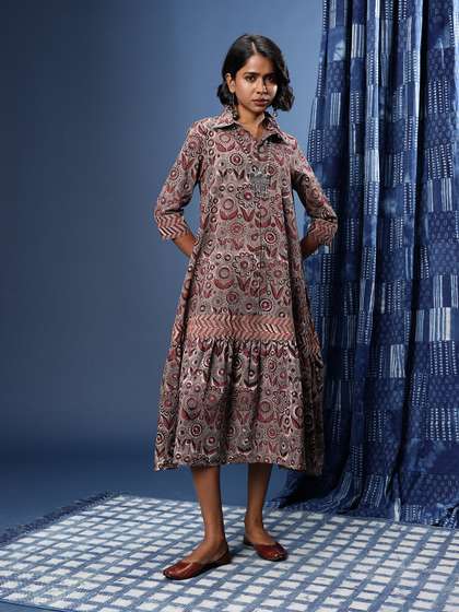 Taavi Bagru
                          Printed Pure Cotton Shirt Collar Tiered A-Line
                          Dress