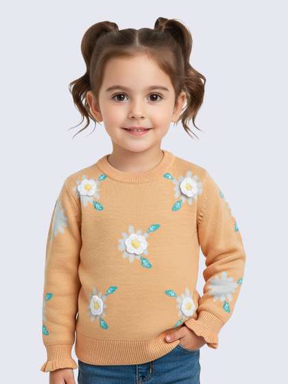 Yellow Apple Girls round
                    Neck Long Sleeves Floral Woollen Pullover